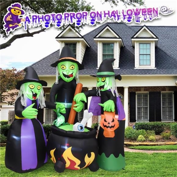 5.9 FT Halloween Decor Inflatable Three Witch Around Cauldron with LED Flashing - Picture 7 of 7